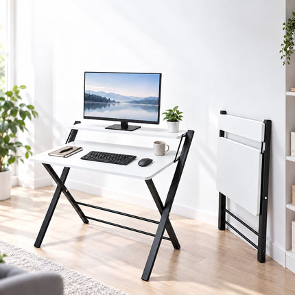 Folding Computer Desk with Monitor Riser and 2 Levels, 20 kg Load, Black Frame