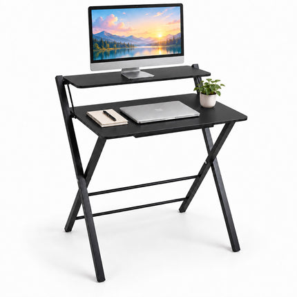 Folding Computer Desk with Monitor Shelf and X-Shaped Frame, Black