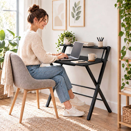 Folding Computer Desk with Monitor Shelf and X-Shaped Frame, Black