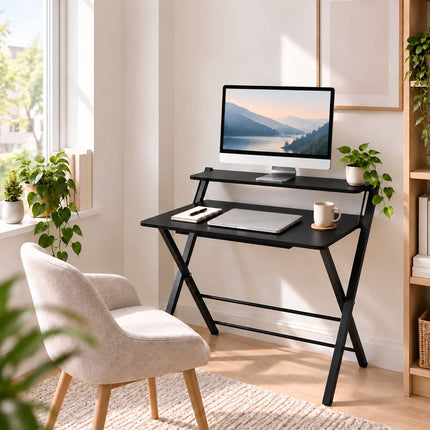 Folding Computer Desk with Monitor Shelf and X-Shaped Frame, Black