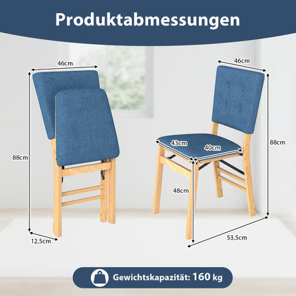 Saliekamie ēdamistabas krēsli, 2 gab. komplektā, polsterēts sēdeklis, zils lins