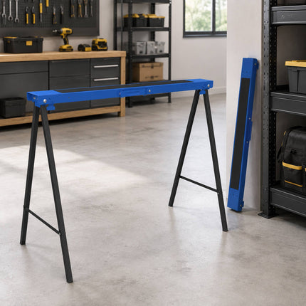 Folding Metal Sawhorse Set of 2 with Anti-Slip Pad, Up to 250 kg, Blue