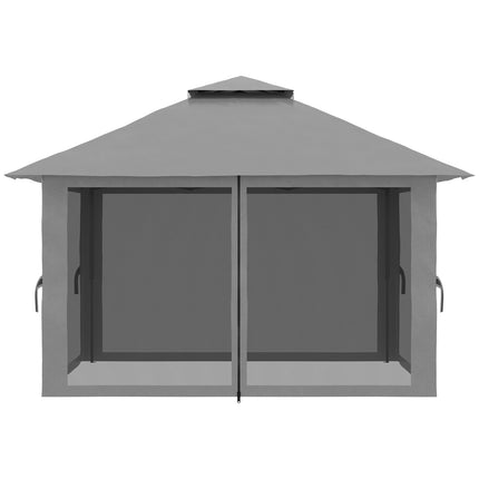 Saliekama dārza paviljona 4x4m, uznirstoša dārza paviljona ar UV aizsardzību un sieta sienām, dubultu jumtu, tumši pelēku
