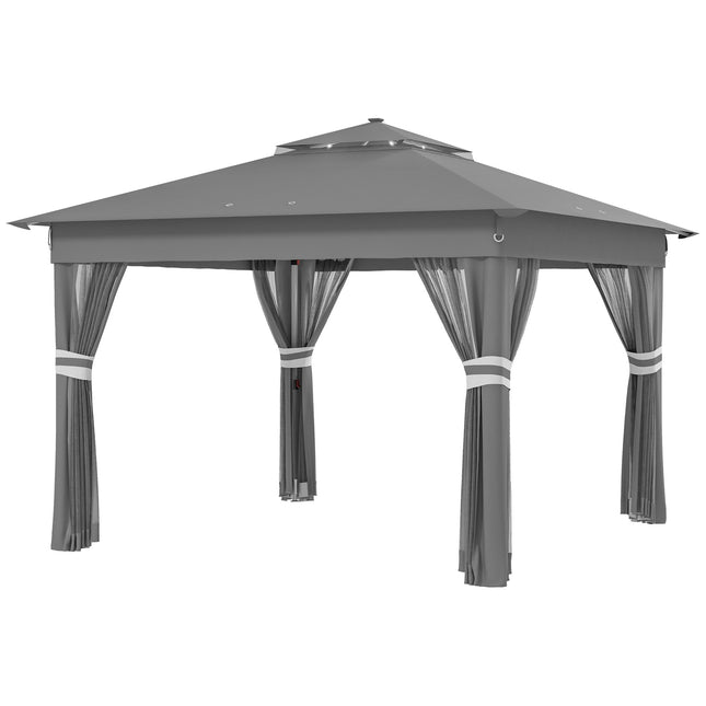 Saliekama dārza paviljona, aptuveni 3 x 3 m, paviljons ar LED gaismām, 4 sieta aizkariem, sānu siena, dārza paviljons ar ūdens maisu, dubults jumts, soma pārnēsāšanai, tumši pelēka