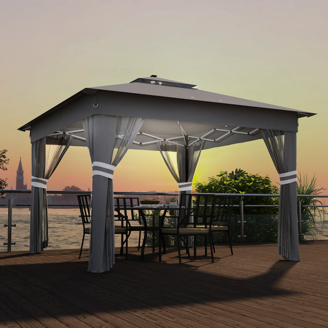 Saliekama dārza paviljona, aptuveni 3 x 3 m, paviljons ar LED gaismām, 4 sieta aizkariem, sānu siena, dārza paviljons ar ūdens maisu, dubults jumts, soma pārnēsāšanai, tumši pelēka