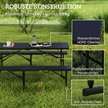 Saliekams piknika galdu komplekts, 3 daļas, melns, HDPE un metāls