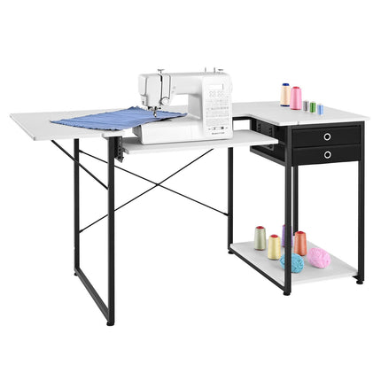 Folding Sewing Machine Table, 3 Drawers, Adjustable Shelf, Steel Legs