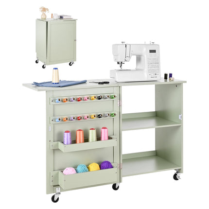 Folding Sewing Table With Wheels, Storage Shelf, Light Green
