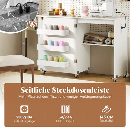Saliekams šūšanas galds ar uzlādes staciju, balts, uzglabāšanas vieta un riteņi