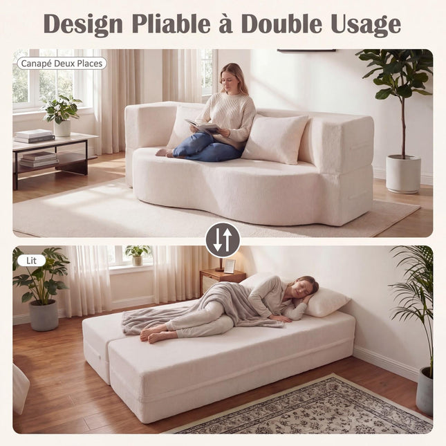 Folding Sofa Bed 192.5 cm, Teddy Fleece, 2 Cushions