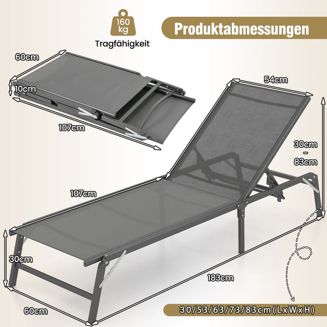 Saliekams sauļošanās krēsls, 5 pozīciju atzveltne, celtspēja 160 kg