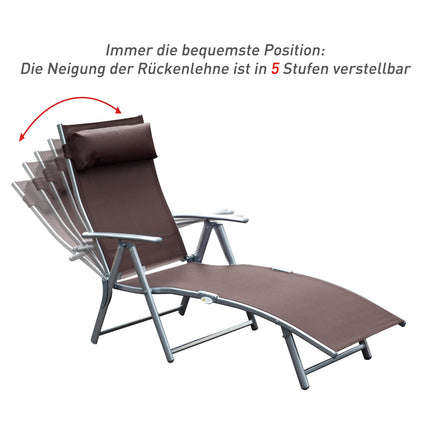 Folding garden sun lounger with comfortable brown cushion