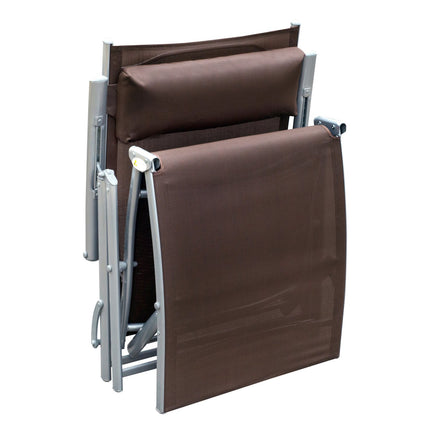 Folding garden sun lounger with comfortable brown cushion