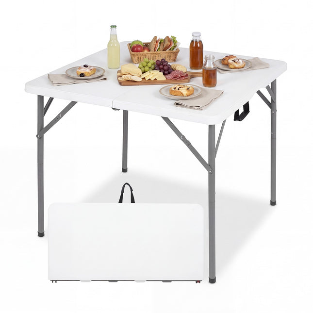 Saliekamais galds 86 cm kvadrātveida, rokturis pārnēsāšanai, metāla kājas