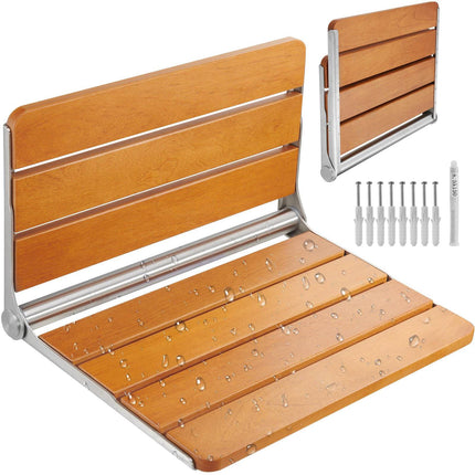 Folding Teak Shower Seat, Wall Mounted, 500 lb