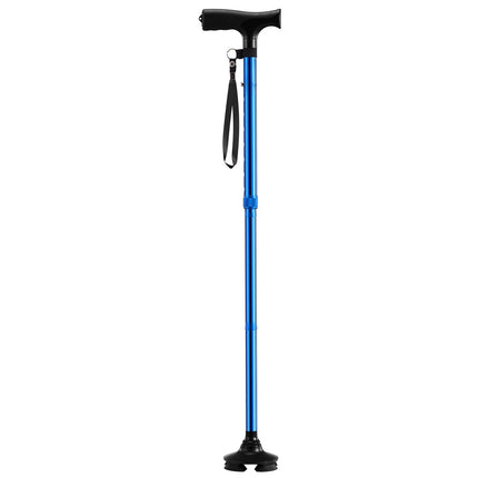 Folding Walking Cane, 8-Level, Quad Base, 250 Lb, Blue