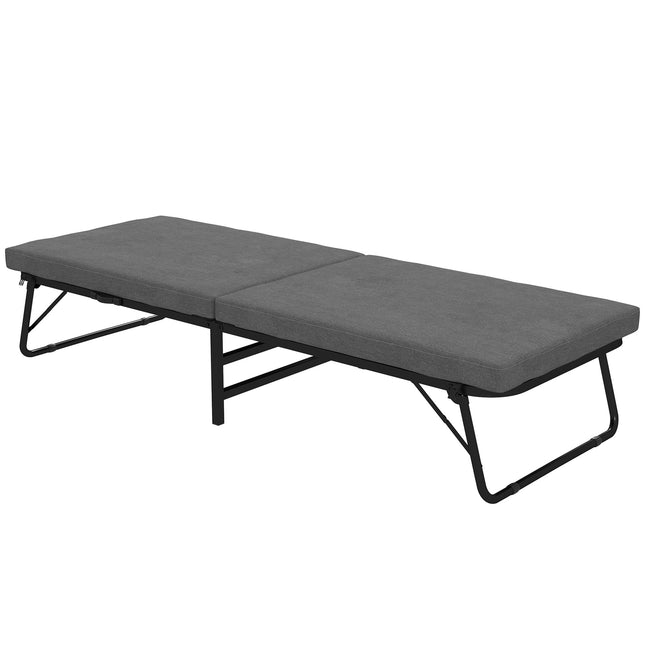 Saliekamā gulta 70 x 190 cm saliekamā viesu gulta ar 7 cm putu matraci, regulējams galvgalis, ceļojumu gulta ar riteņiem, lina izskats, metāla rāmis birojam, viesu istabai, tumši pelēka