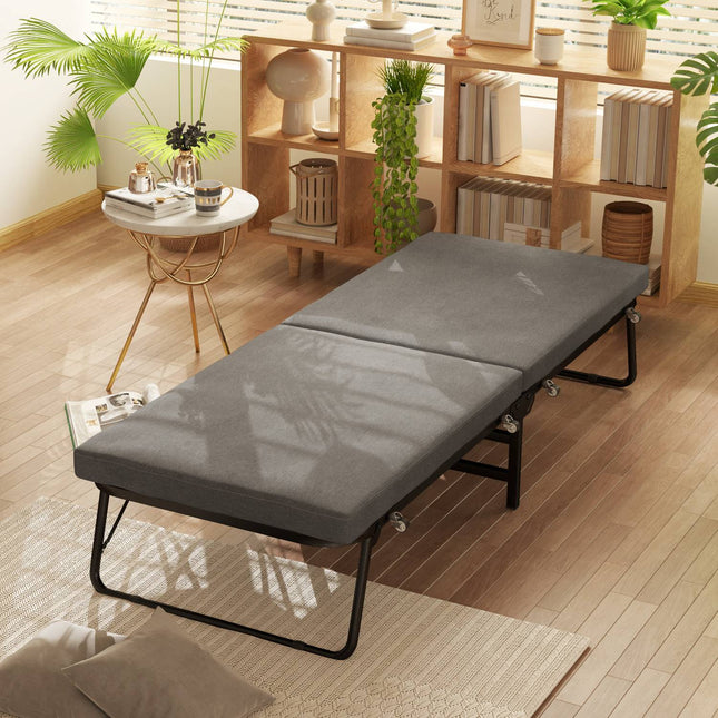 Saliekamā gulta 70 x 190 cm saliekamā viesu gulta ar 7 cm putu matraci, regulējams galvgalis, ceļojumu gulta ar riteņiem, lina izskats, metāla rāmis birojam, viesu istabai, tumši pelēka