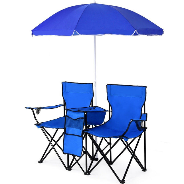 Folding camping chair with parasol for 2 people, folding chair for couples, double fishing chair, foldable with cup holder, cool bag, blue