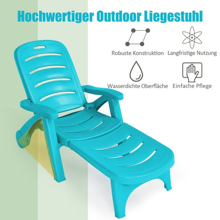Folding deck chair 5-way adjustable outdoor garden lounger with built-in wheels turquoise
