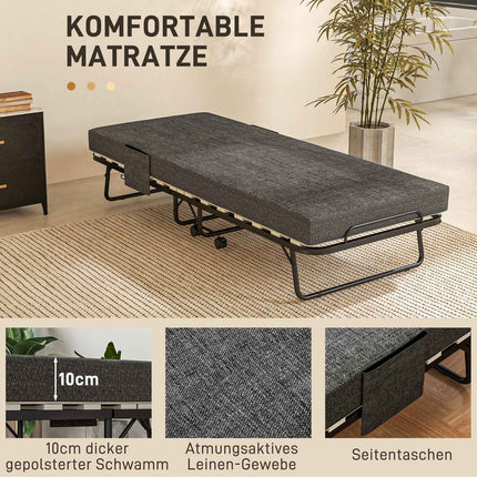 Folding guest bed with wheels, 10 cm mattress, dark grey