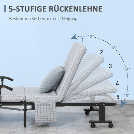 Saliekama viesu gulta ar riteņiem, atpūtas krēsls, 5 līmeņu regulējama atzveltne, ceļojumu gulta, tērauda rāmis, gaiši pelēka + melna, 190x76x33cm