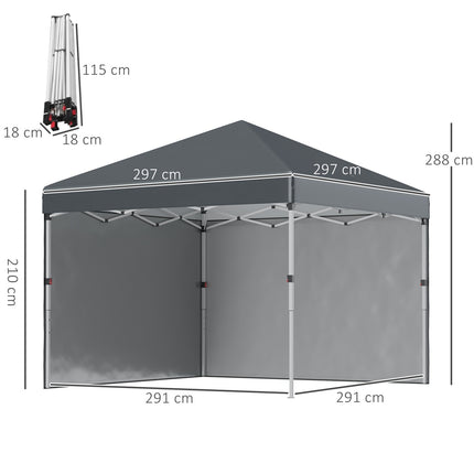 Saliekamā paviljona izmērs 2,97 x 2,97 m ar sānu sienām, UV aizsardzības kempinga telts, ballīšu telts ar smilšu maisu, tumši pelēks tērauds dārzam un terasei