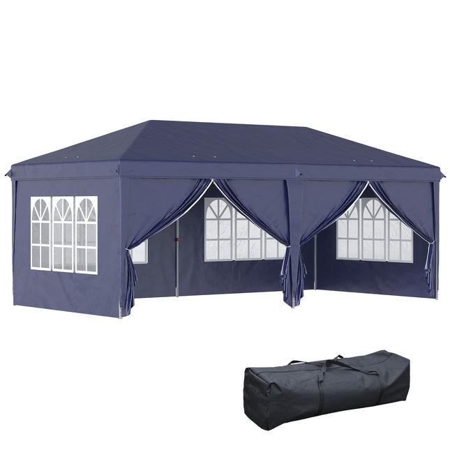 Saliekams paviljons 5,85x2,95m ar UV aizsardzību, sānu sienām un logiem, rāvējslēdzēja durvīm, izturīgs tērauds, zils dārzam un pasākumiem