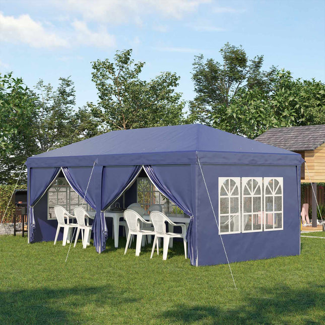 Saliekams paviljons 5,85x2,95m ar UV aizsardzību, sānu sienām un logiem, rāvējslēdzēja durvīm, izturīgs tērauds, zils dārzam un pasākumiem