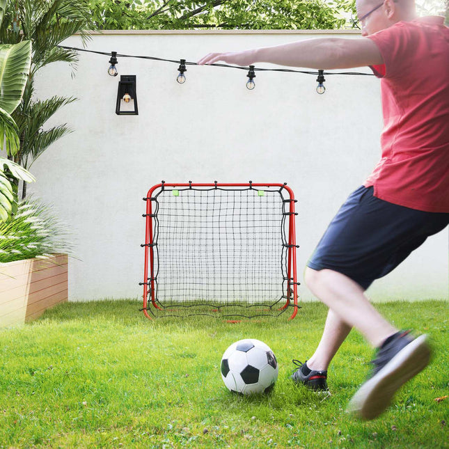 Futbola atsitiena groza siena, divpusējs atsitiena tīkls, regulējams 5 līmeņos, futbola treniņiem, tērauds, sarkans, 100 x 95 x 90 cm