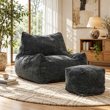 Frameless Floor Chair with Ottoman and Backrest, Chenille, Armrests, Dark Grey