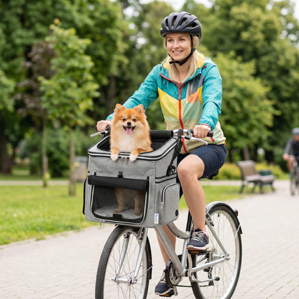 Priekšējais velosipēda suņu pārvadāšanas grozs līdz 5 kg, pavada, spilvens