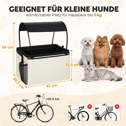 Front Dog Bike Basket with Sun Canopy, Up to 5 kg, Cream White, Shoulder Strap