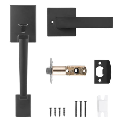 Front Door Handle Set, Square Lever, No Lock, Matte Black