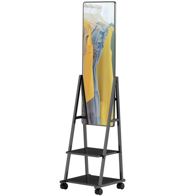 Pilna auguma spogulis, 42 x 155 cm stāvspogulis ar plauktu, stāvspogulis ar ritenīšiem, grīdas spogulis guļamistabai, viesistabai, melns