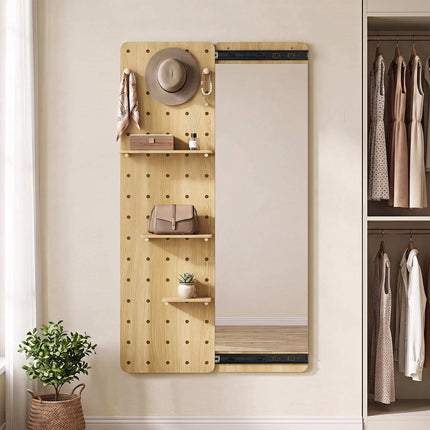 Full Length Mirror with Sliding Pegboard and 3 Shelves, Solid Wood, Natural