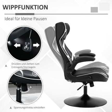 Spēļu krēsls, ergonomisks datora krēsls ar šūpošanās funkciju, grozāms krēsls, regulējams augstums, tērauds, melns + balts, 67 x 75 x 106-112 cm