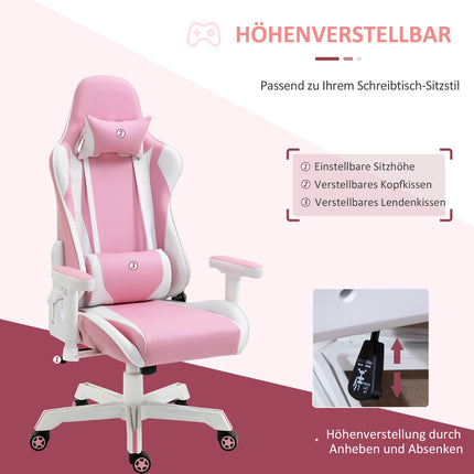 Spēļu krēsls ar galvas balstu, jostasvietas spilvenu, regulējamu augstumu, putas, mākslīgā āda, neilons, rozā+balts, 71x73x128-138 cm