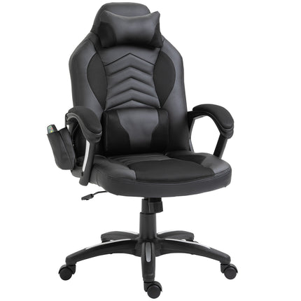 Spēļu krēsls, biroja krēsls ar siltuma funkciju, 6 vibrācijas punkti, ergonomisks, grozāms krēsls, masāžas krēsls, mākslīgā āda, melns, platums 68 x dziļums 69 x augstums (108-117) cm