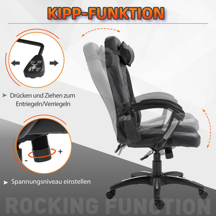 Spēļu krēsls, biroja krēsls ar siltuma funkciju, 6 vibrācijas punkti, ergonomisks, grozāms krēsls, masāžas krēsls, mākslīgā āda, melns, platums 68 x dziļums 69 x augstums (108-117) cm