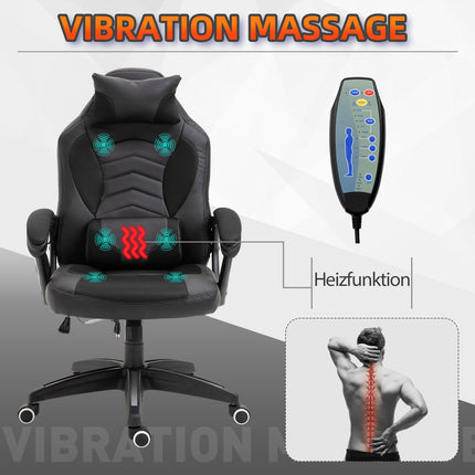 Spēļu krēsls, biroja krēsls ar siltuma funkciju, 6 vibrācijas punkti, ergonomisks, grozāms krēsls, masāžas krēsls, mākslīgā āda, melns, platums 68 x dziļums 69 x augstums (108-117) cm