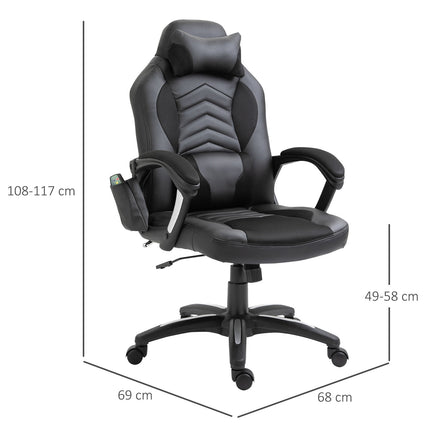 Spēļu krēsls, biroja krēsls ar siltuma funkciju, 6 vibrācijas punkti, ergonomisks, grozāms krēsls, masāžas krēsls, mākslīgā āda, melns, platums 68 x dziļums 69 x augstums (108-117) cm