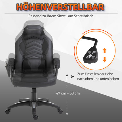 Spēļu krēsls, biroja krēsls ar siltuma funkciju, 6 vibrācijas punkti, ergonomisks, grozāms krēsls, masāžas krēsls, mākslīgā āda, melns, platums 68 x dziļums 69 x augstums (108-117) cm