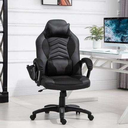 Spēļu krēsls, biroja krēsls ar siltuma funkciju, 6 vibrācijas punkti, ergonomisks, grozāms krēsls, masāžas krēsls, mākslīgā āda, melns, platums 68 x dziļums 69 x augstums (108-117) cm