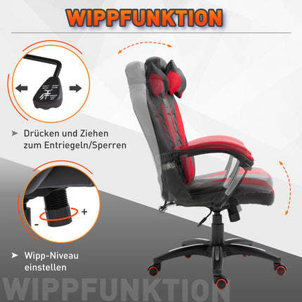 Spēļu krēsls Biroja krēsls ar masāžas funkciju, Masāžas krēsls, Siltuma funkcija, 6 vibrācijas punkti, PU, Sarkans, 68X69X108-117Cm