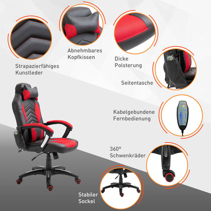 Spēļu krēsls Biroja krēsls ar masāžas funkciju, Masāžas krēsls, Siltuma funkcija, 6 vibrācijas punkti, PU, Sarkans, 68X69X108-117Cm