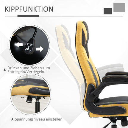 Spēļu krēsla šūpoļu funkcija, regulējams augstums 110-116 cm, rotējošs, mākslīgā āda, dzeltens+melns, spēļu istabai