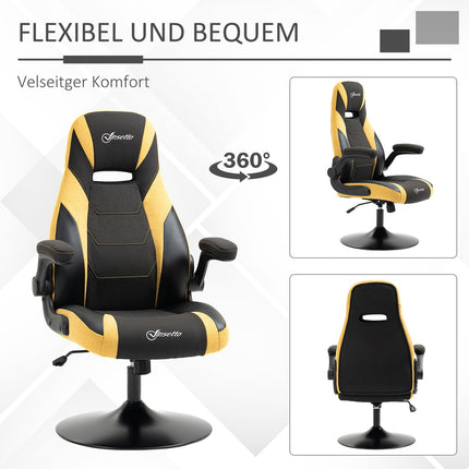 Spēļu krēsla šūpoļu funkcija, regulējams augstums 110-116 cm, rotējošs, mākslīgā āda, dzeltens+melns, spēļu istabai