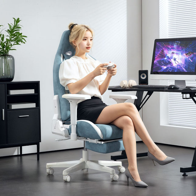 Spēļu krēsls ar atgāšanas funkciju, augstumā regulējams galda krēsls ar galvas un jostasvietas spilveniem, ergonomisks spēļu krēsls ar izvelkamu kāju balstu, mākslīgā āda, līdz 120 kg, zils