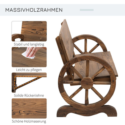 Dārza sols ar roku balstiem, ratu riteņu dizaina sols, dārza mēbeles, rustikāls sols, masīvkoks, brūns, 114 x 58 x 80 cm